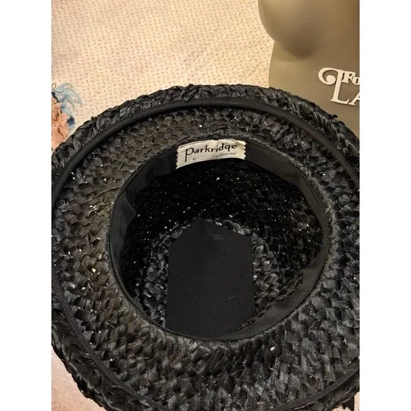 Vintage 1950's Parkridge Black Straw Hat Wide Brim Ribbon Band - Classic Style - Picture 4 of 4